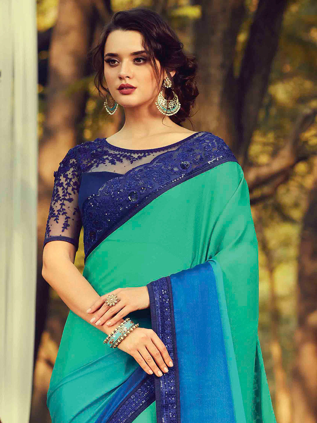 NOZ2TOZ Women's Pure Chiffon Turquoise Embellished Designer Saree With Blouse Piece - Distacart