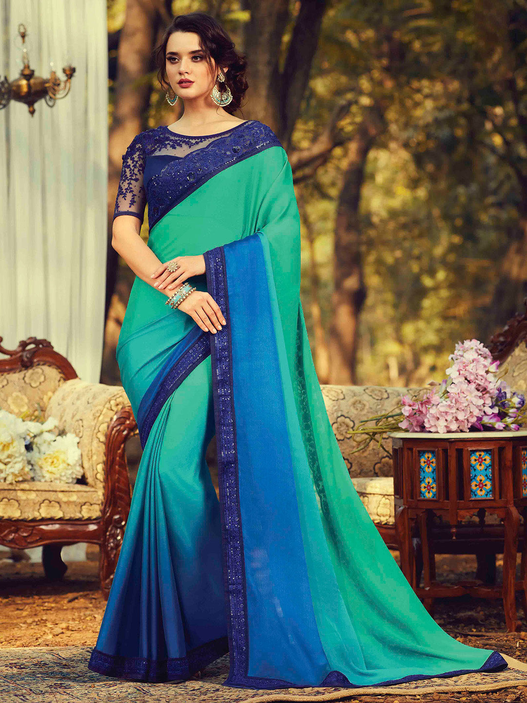 NOZ2TOZ Women's Pure Chiffon Turquoise Embellished Designer Saree With Blouse Piece - Distacart
