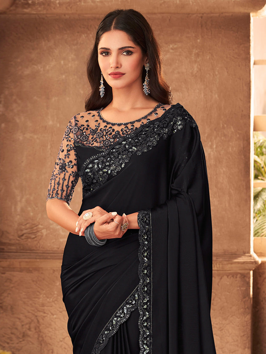 NOZ2TOZ Women's Pure Chiffon Black Embellished Designer Saree With Blouse Piece - Distacart