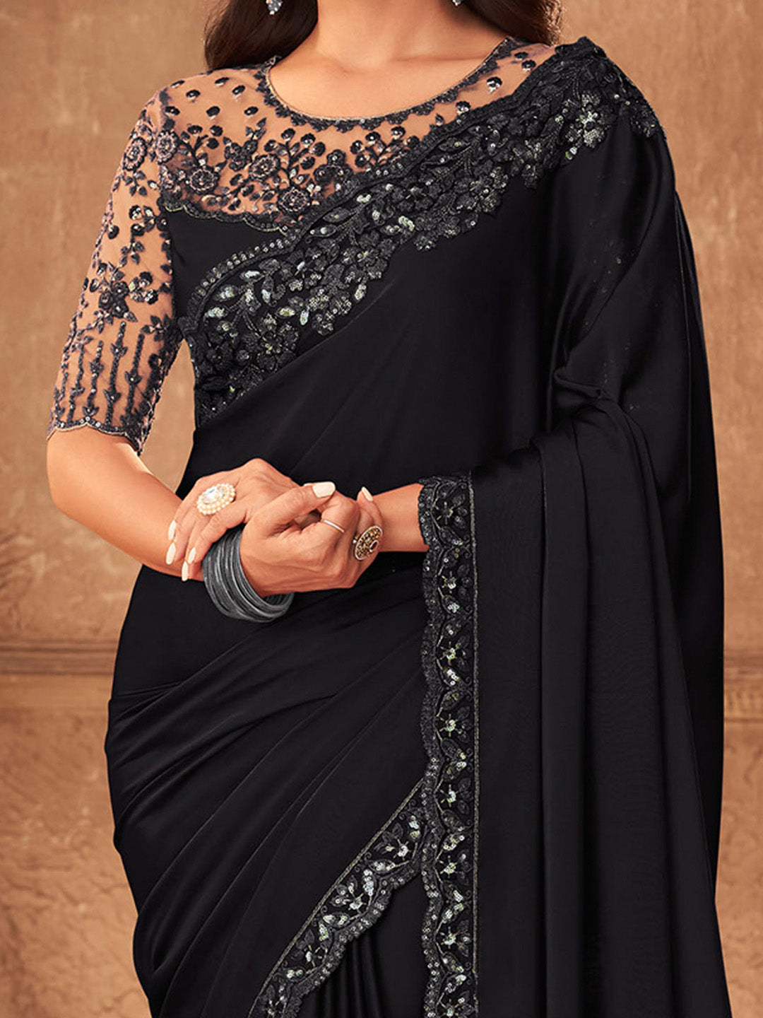 NOZ2TOZ Women's Pure Chiffon Black Embellished Designer Saree With Blouse Piece - Distacart