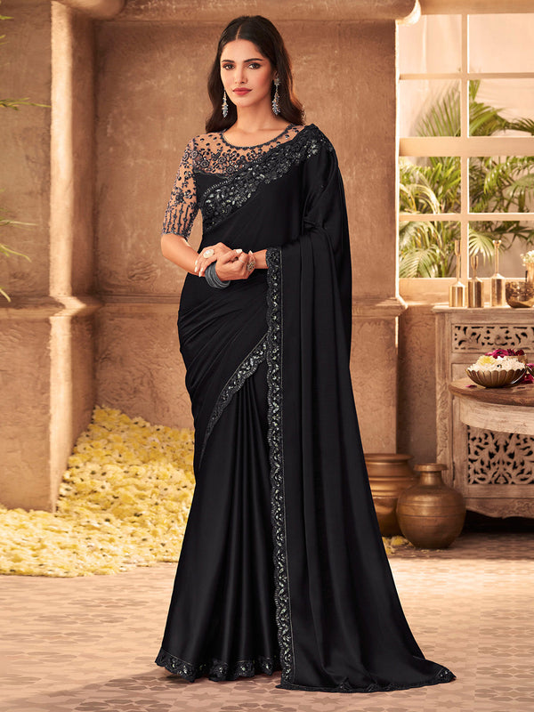 NOZ2TOZ Women's Pure Chiffon Black Embellished Designer Saree With Blouse Piece - Distacart
