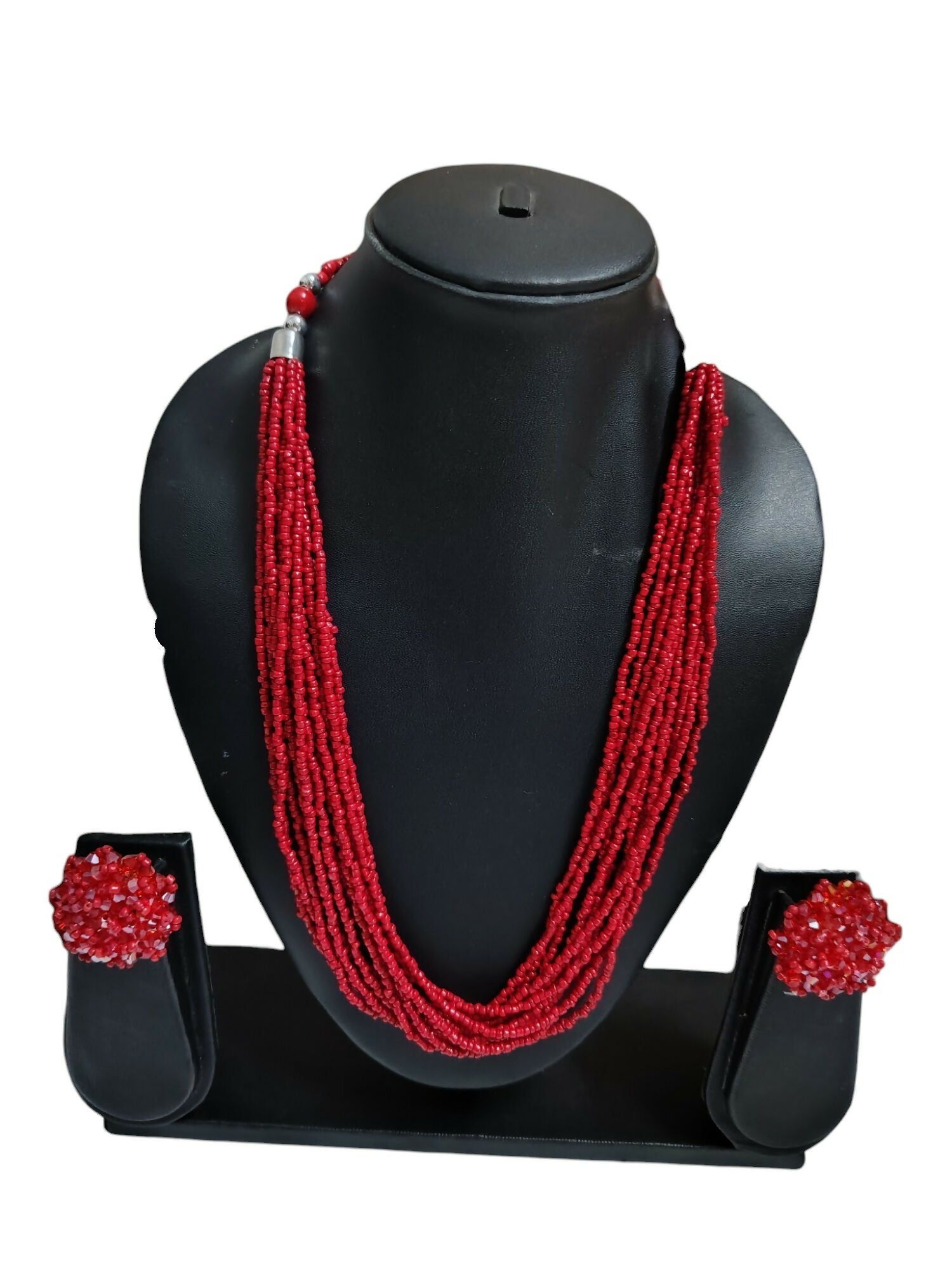 Inhanns Bloom Handmade Beaded Necklace With Earrings - 12 Layers - Red Necklace Set - Distacart