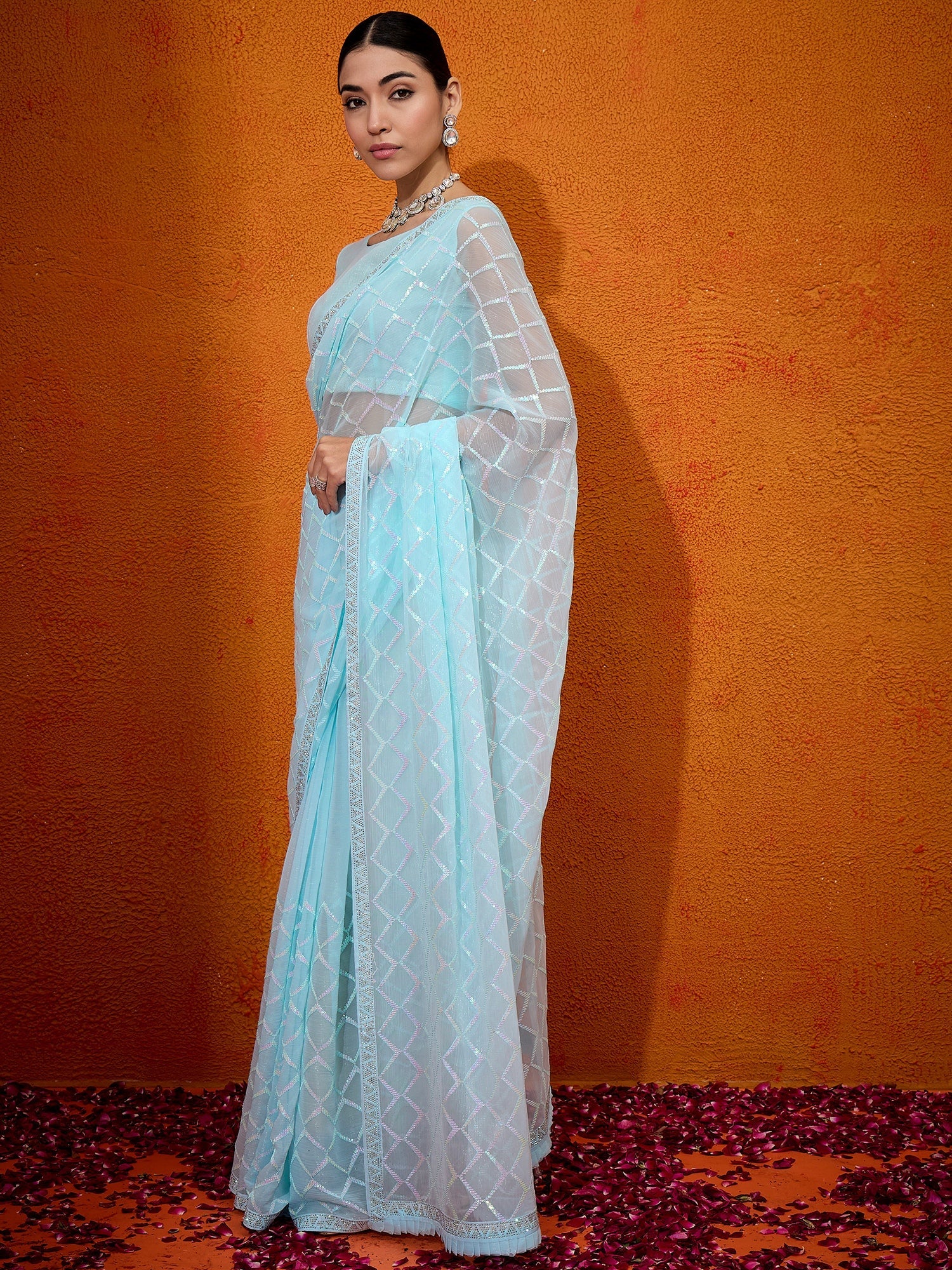 NOZ2TOZ Women's Georgette Light Blue Embellished Designer Saree With Blouse Piece - Distacart