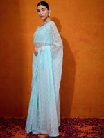 Thumbnail for NOZ2TOZ Women's Georgette Light Blue Embellished Designer Saree With Blouse Piece - Distacart