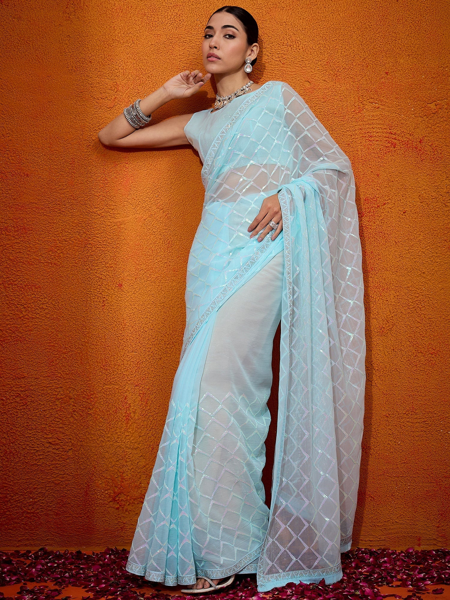 NOZ2TOZ Women's Georgette Light Blue Embellished Designer Saree With Blouse Piece - Distacart