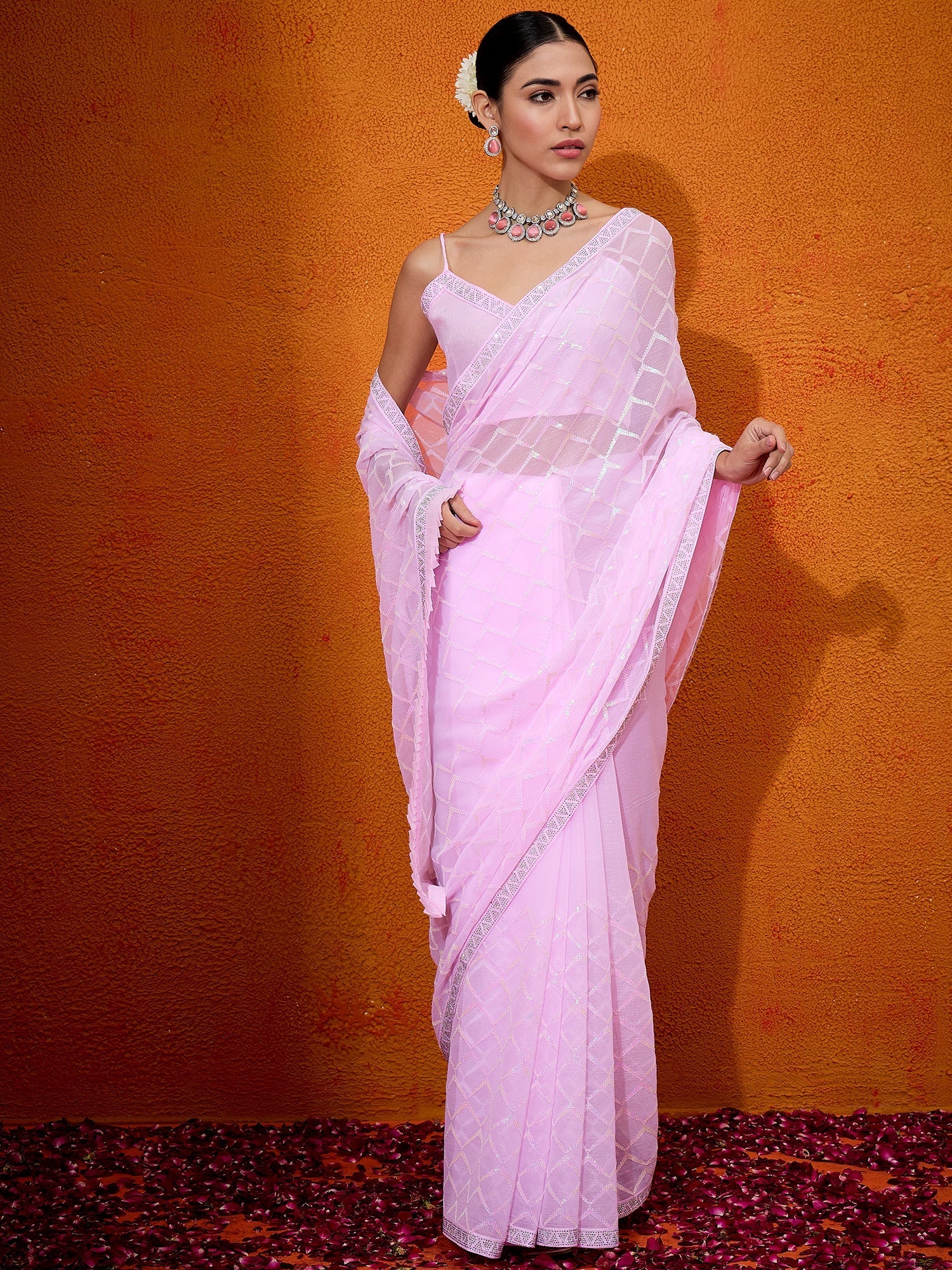 NOZ2TOZ Women's Georgette Pink Embellished Designer Saree With Blouse Piece - Distacart