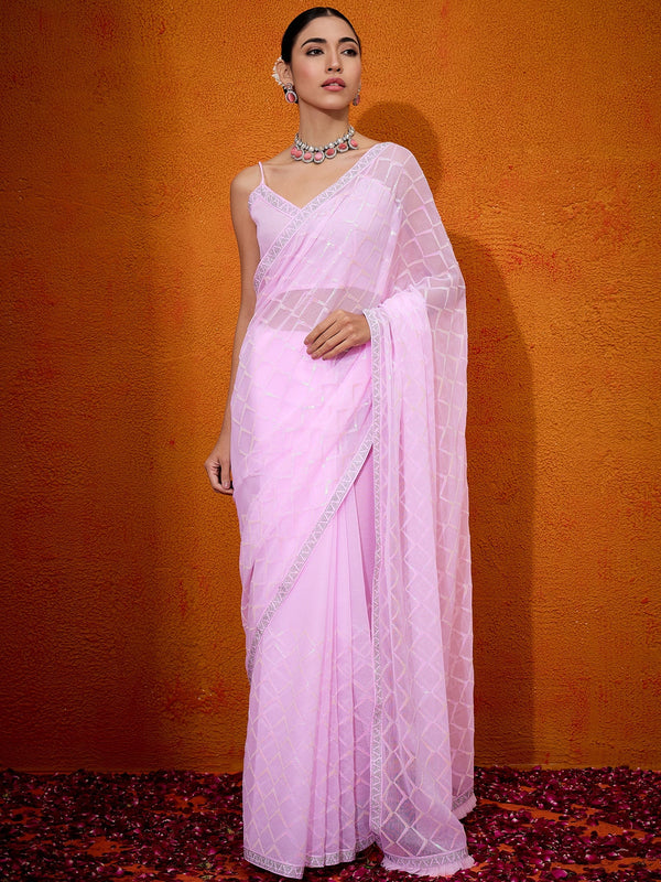 NOZ2TOZ Women's Georgette Pink Embellished Designer Saree With Blouse Piece - Distacart