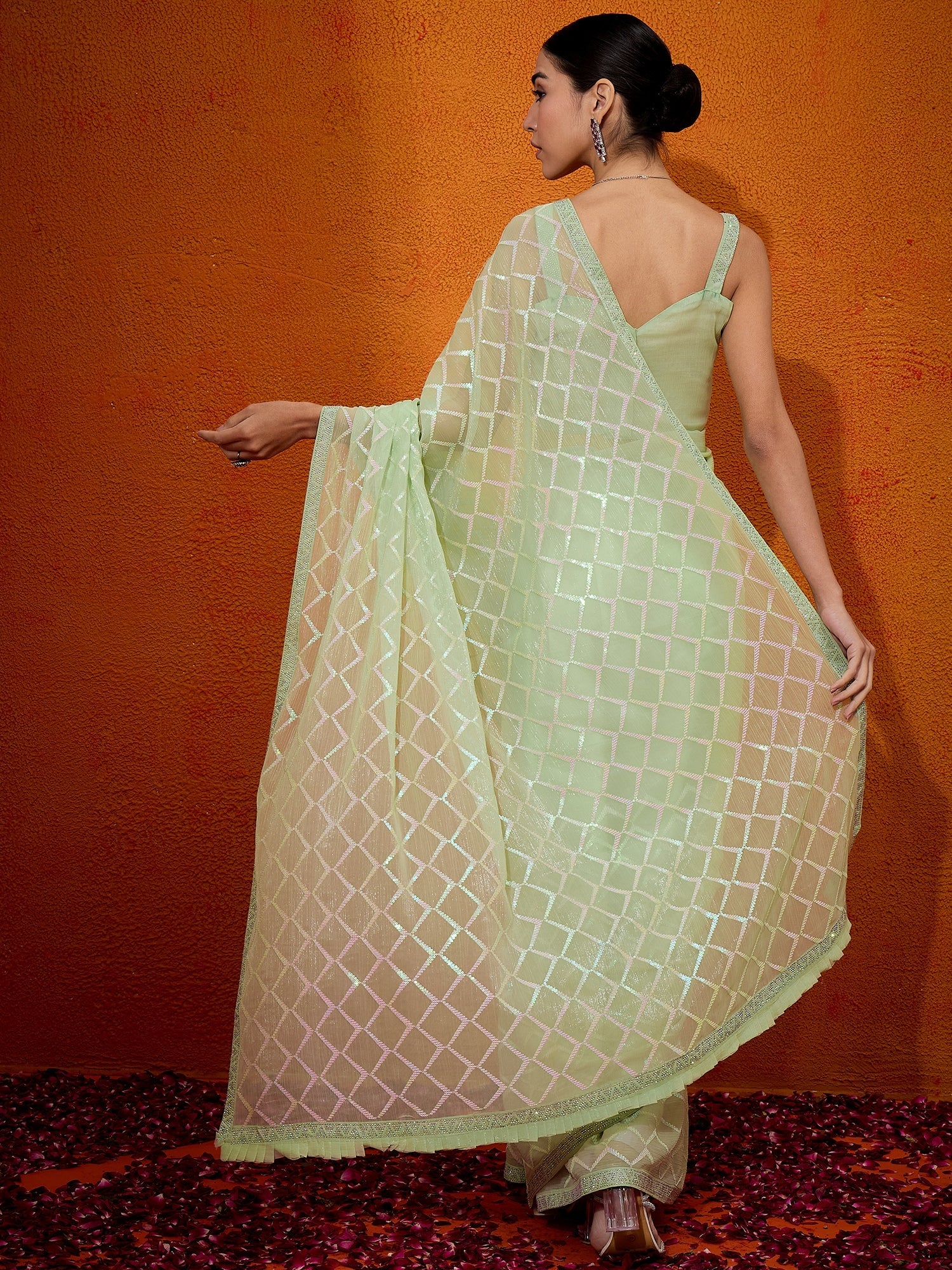 NOZ2TOZ Women's Georgette Light Green Embellished Designer Saree With Blouse Piece - Distacart