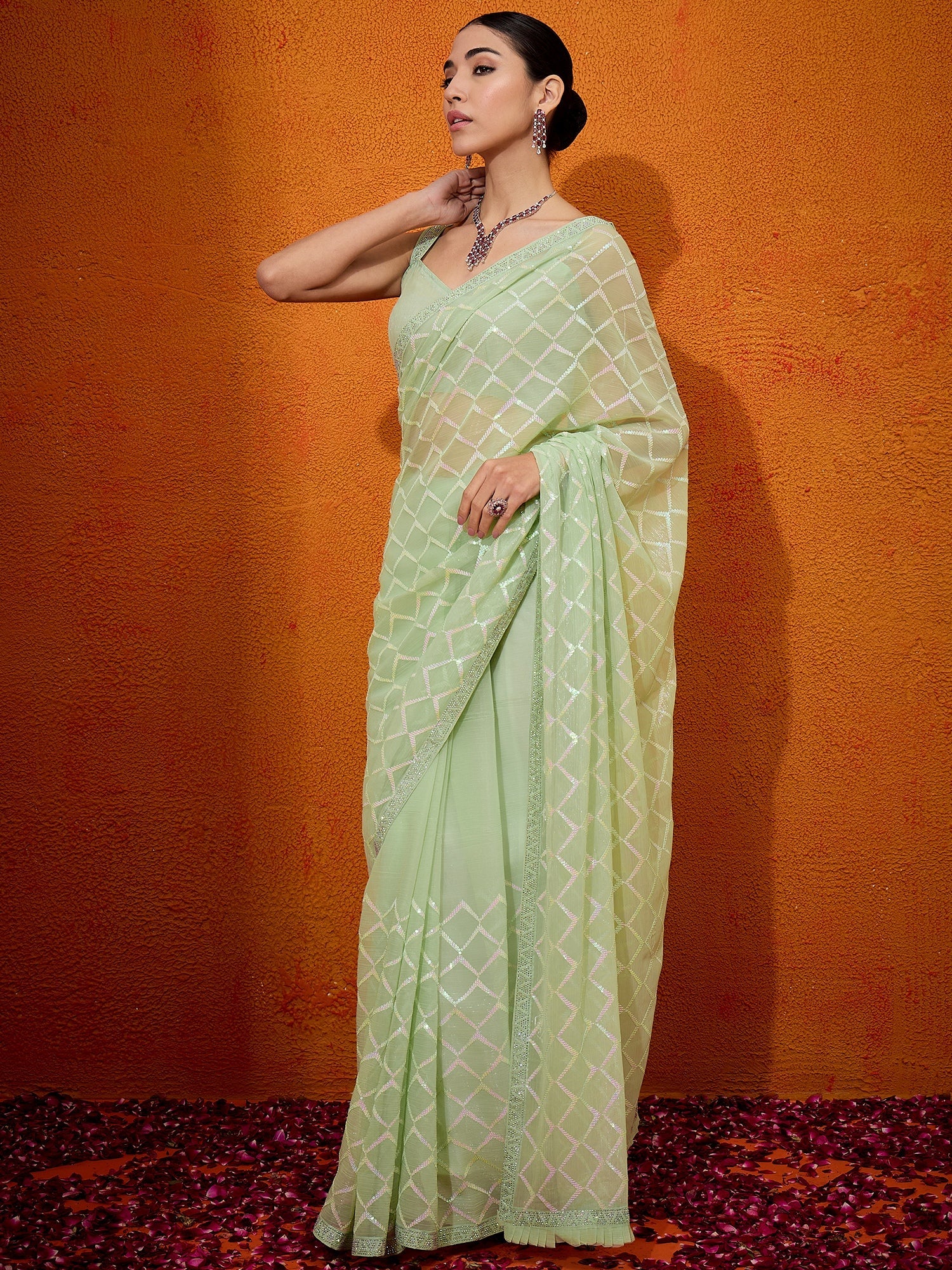 NOZ2TOZ Women's Georgette Light Green Embellished Designer Saree With Blouse Piece - Distacart