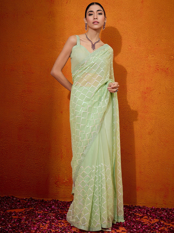 NOZ2TOZ Women's Georgette Light Green Embellished Designer Saree With Blouse Piece - Distacart