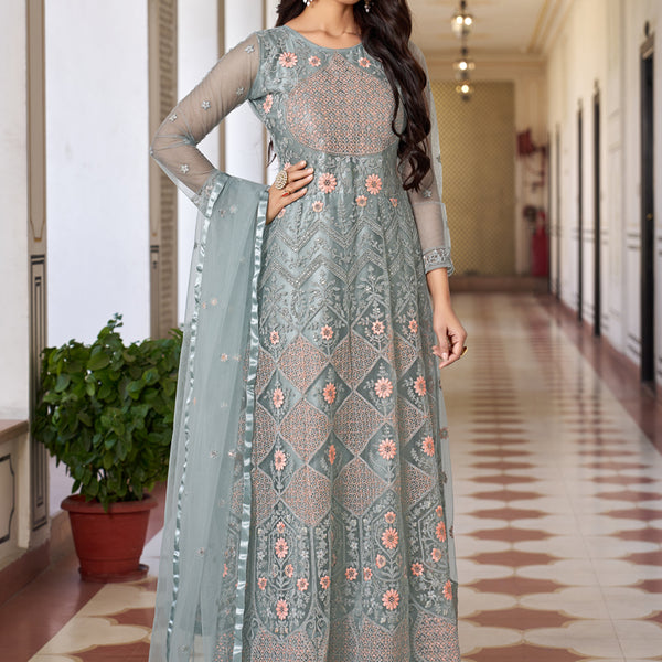 Vegaa Fashion Light Grey Butterfly Net Embroidery Designer Anarkali Suit - Distacart