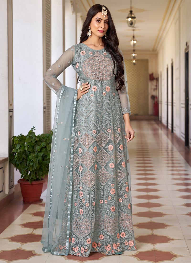 Vegaa Fashion Light Grey Butterfly Net Embroidery Designer Anarkali Suit - Distacart