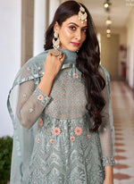Thumbnail for Vegaa Fashion Light Grey Butterfly Net Embroidery Designer Anarkali Suit