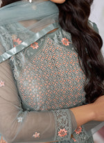Thumbnail for Vegaa Fashion Light Grey Butterfly Net Embroidery Designer Anarkali Suit