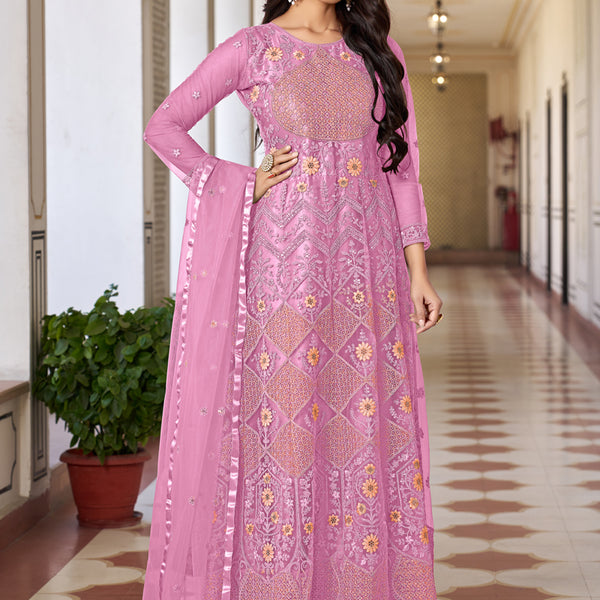 Vegaa Fashion Pink Butterfly Net Embroidery Designer Anarkali Suit - Distacart