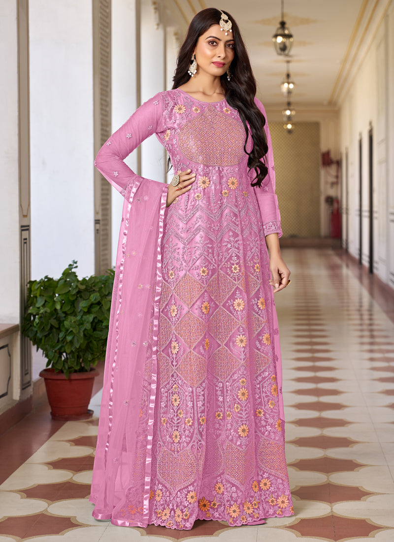 Vegaa Fashion Pink Butterfly Net Embroidery Designer Anarkali Suit - Distacart