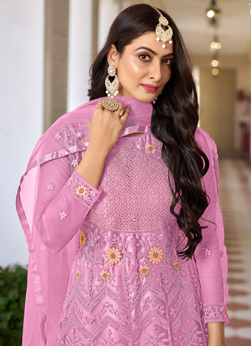 Vegaa Fashion Pink Butterfly Net Embroidery Designer Anarkali Suit - Distacart