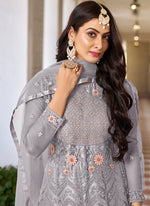 Thumbnail for Vegaa Fashion Grey Butterfly Net Embroidery Designer Anarkali Suit