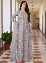 Thumbnail for Vegaa Fashion Grey Butterfly Net Embroidery Designer Anarkali Suit