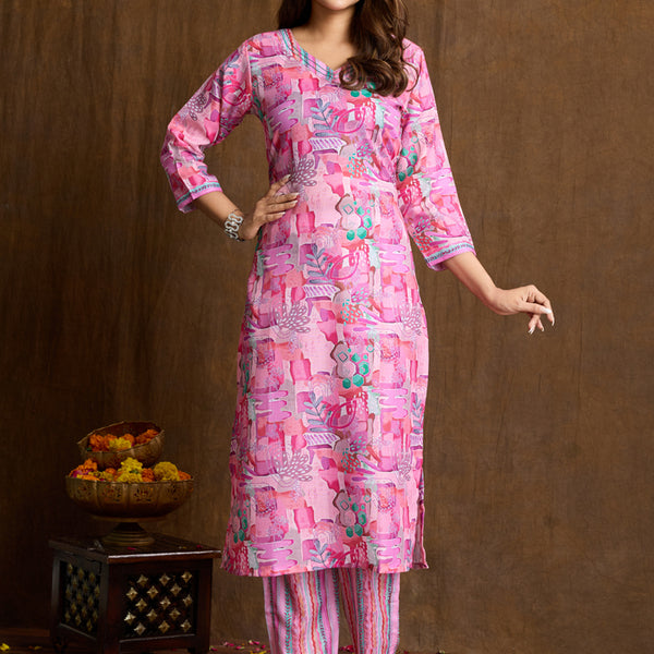 Prazu Fashion Light Pink Printed Cotton Blend Kurta Pant Set - Distacart