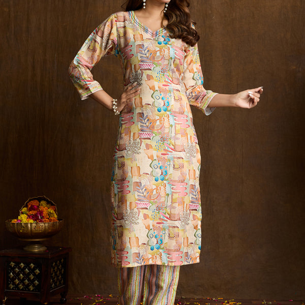 Prazu Fashion Cream Printed Cotton Blend Kurta Pant Set - Distacart