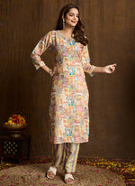 Thumbnail for Prazu Fashion Cream Printed Cotton Blend Kurta Pant Set - Distacart