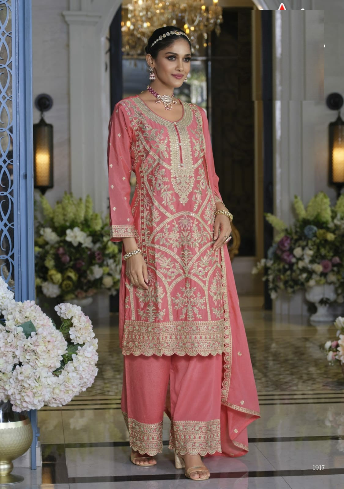 Aarshi Fashions Light Pink Heavy Chinon Silk Full Stitched Palazzo Suit