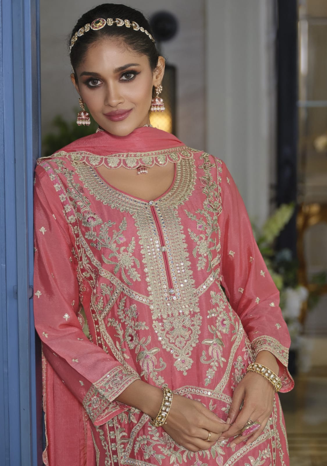 Aarshi Fashions Light Pink Heavy Chinon Silk Full Stitched Palazzo Suit