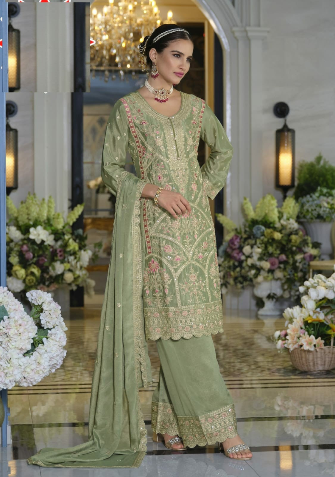 Aarshi Fashions Light Green Heavy Chinon Silk Full Stitched Palazzo Suit