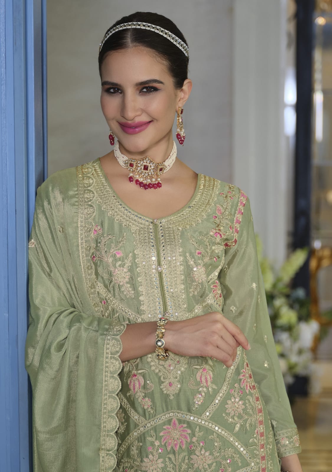 Aarshi Fashions Light Green Heavy Chinon Silk Full Stitched Palazzo Suit