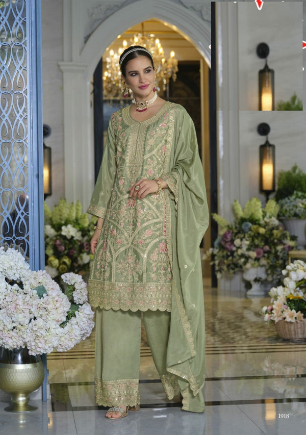Aarshi Fashions Light Green Heavy Chinon Silk Full Stitched Palazzo Suit