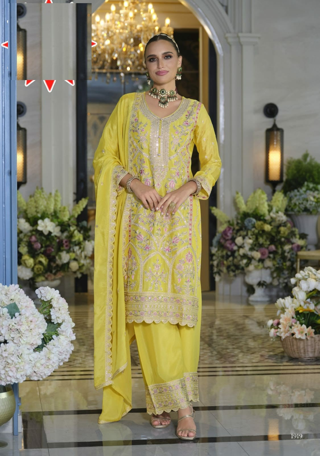 Aarshi Fashions Light Yellow Heavy Chinon Silk Full Stitched Palazzo Suit