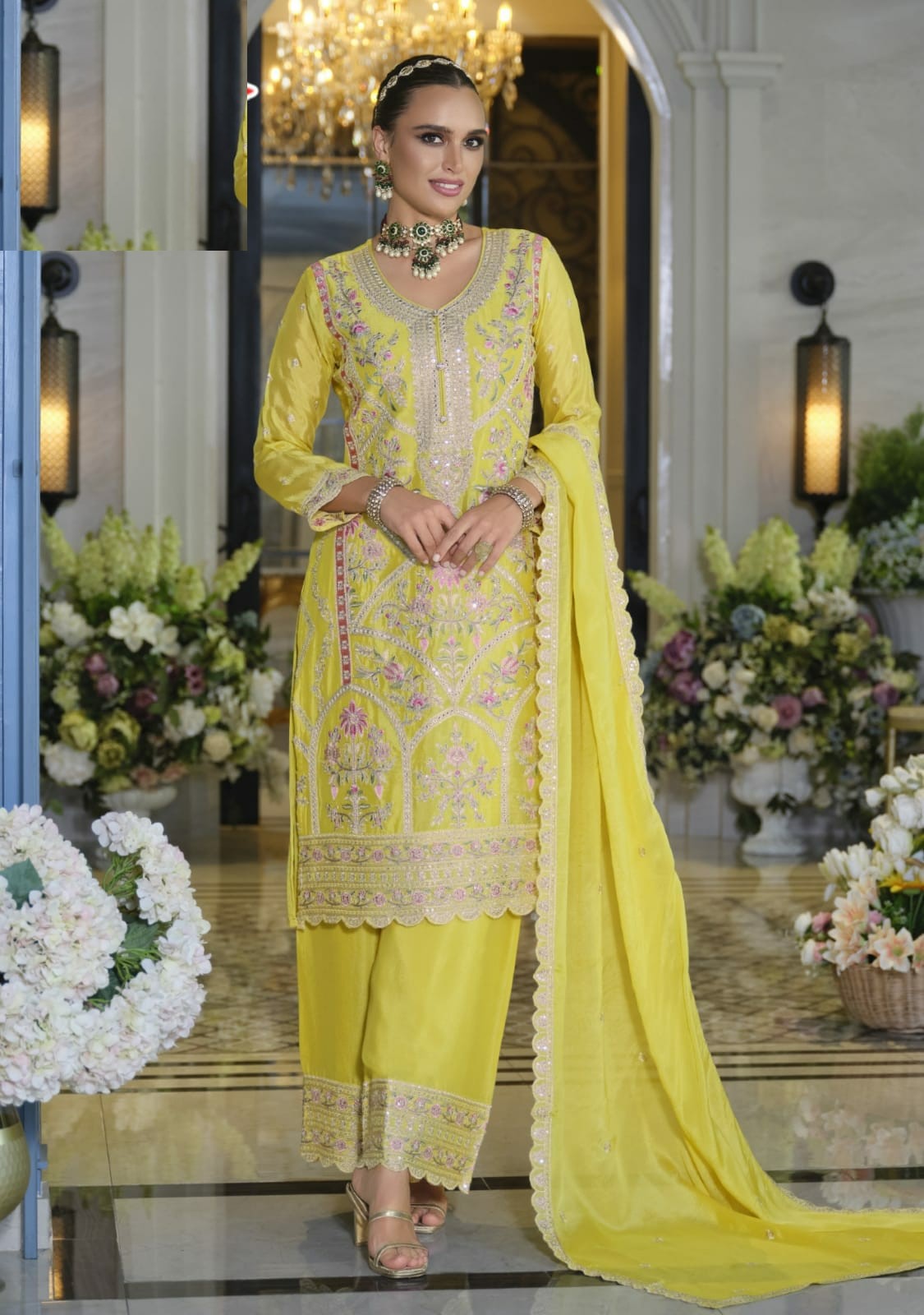 Aarshi Fashions Light Yellow Heavy Chinon Silk Full Stitched Palazzo Suit
