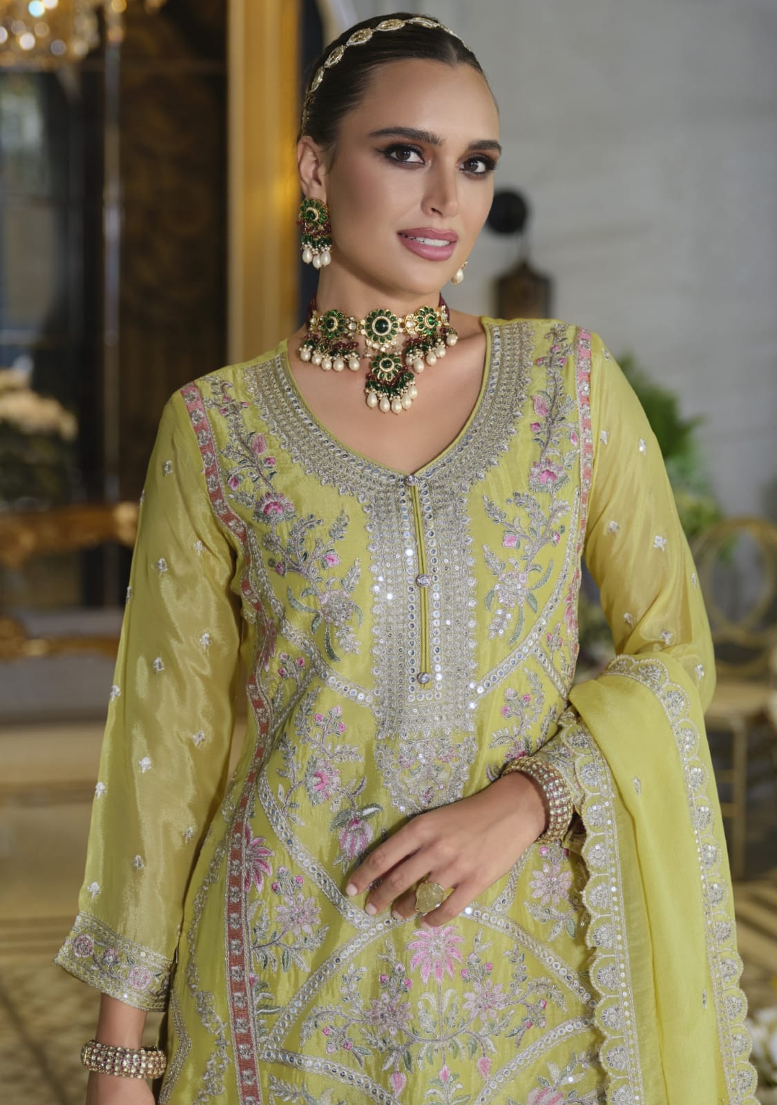 Aarshi Fashions Light Yellow Heavy Chinon Silk Full Stitched Palazzo Suit