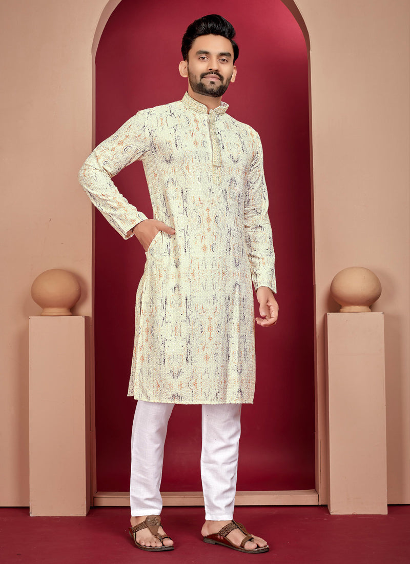 Prazu Fashion Off White Rayon Lucknowi Work Kurta
