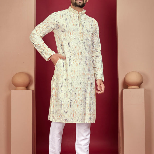 Prazu Fashion Off White Rayon Lucknowi Work Kurta