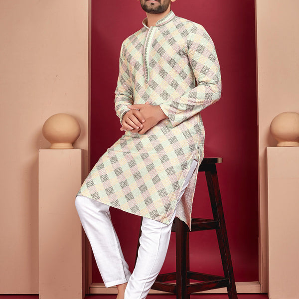 Prazu Fashion Off White Rayon Lucknowi Work Kurta