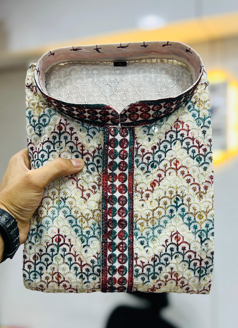 Prazu Fashion Off White Rayon Lucknowi Work Kurta