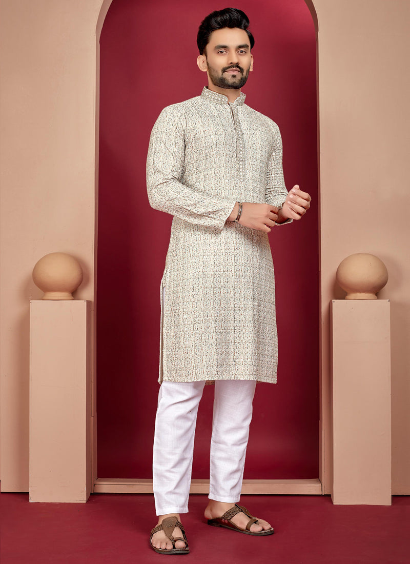 Prazu Fashion Off White Rayon Lucknowi Work Kurta