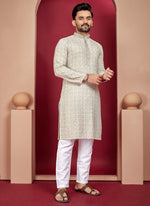 Thumbnail for Prazu Fashion Off White Rayon Lucknowi Work Kurta