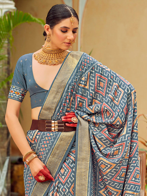 NOZ2TOZ Women's Tussar Silk Grey Printed Designer Saree With Blouse Piece - Distacart