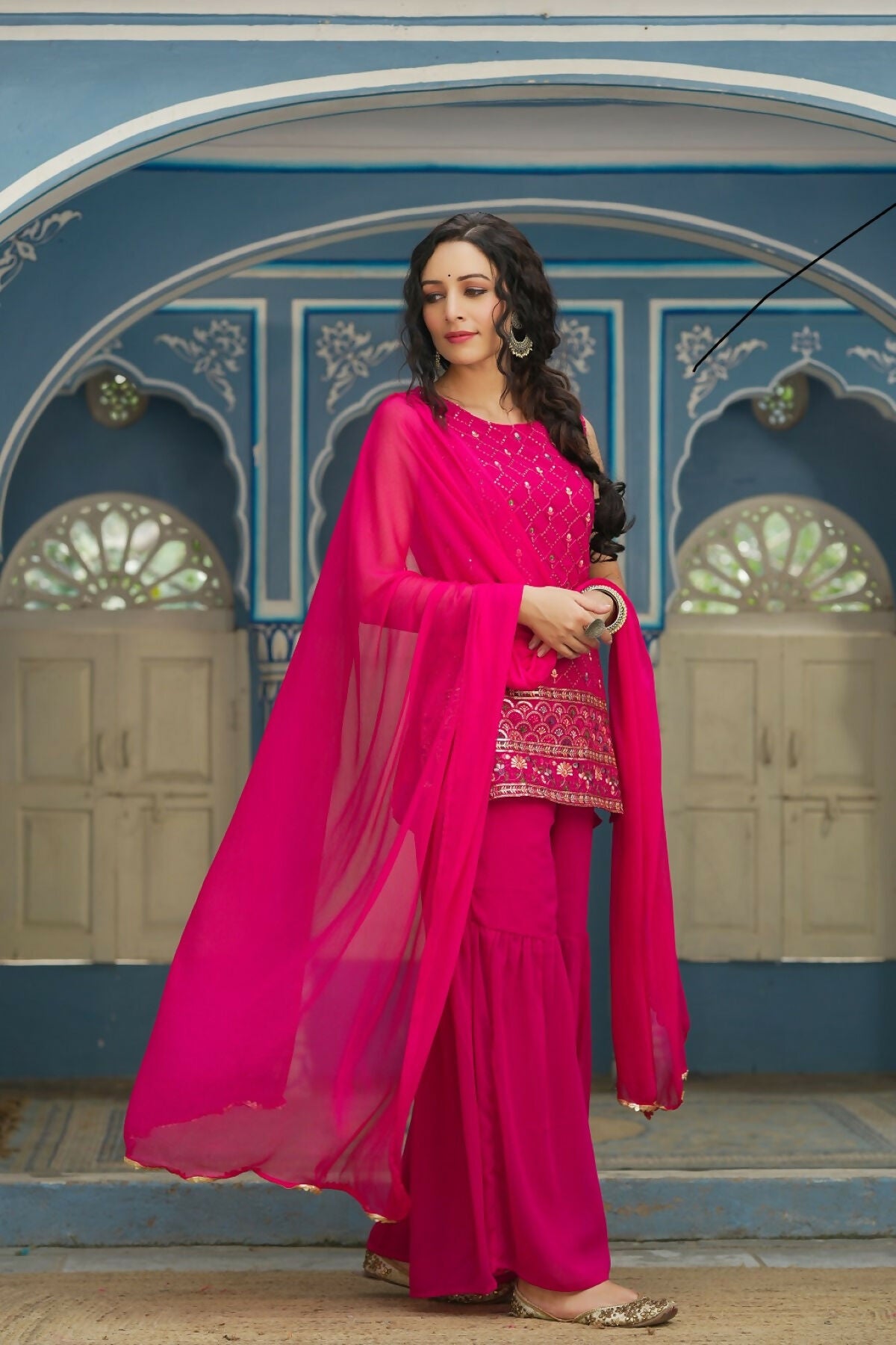 Juniper Ethnic Motif Printed Georgette Kurta Sharara & Chiffon Dupatta Set With Thread Work Embroidery - Distacart