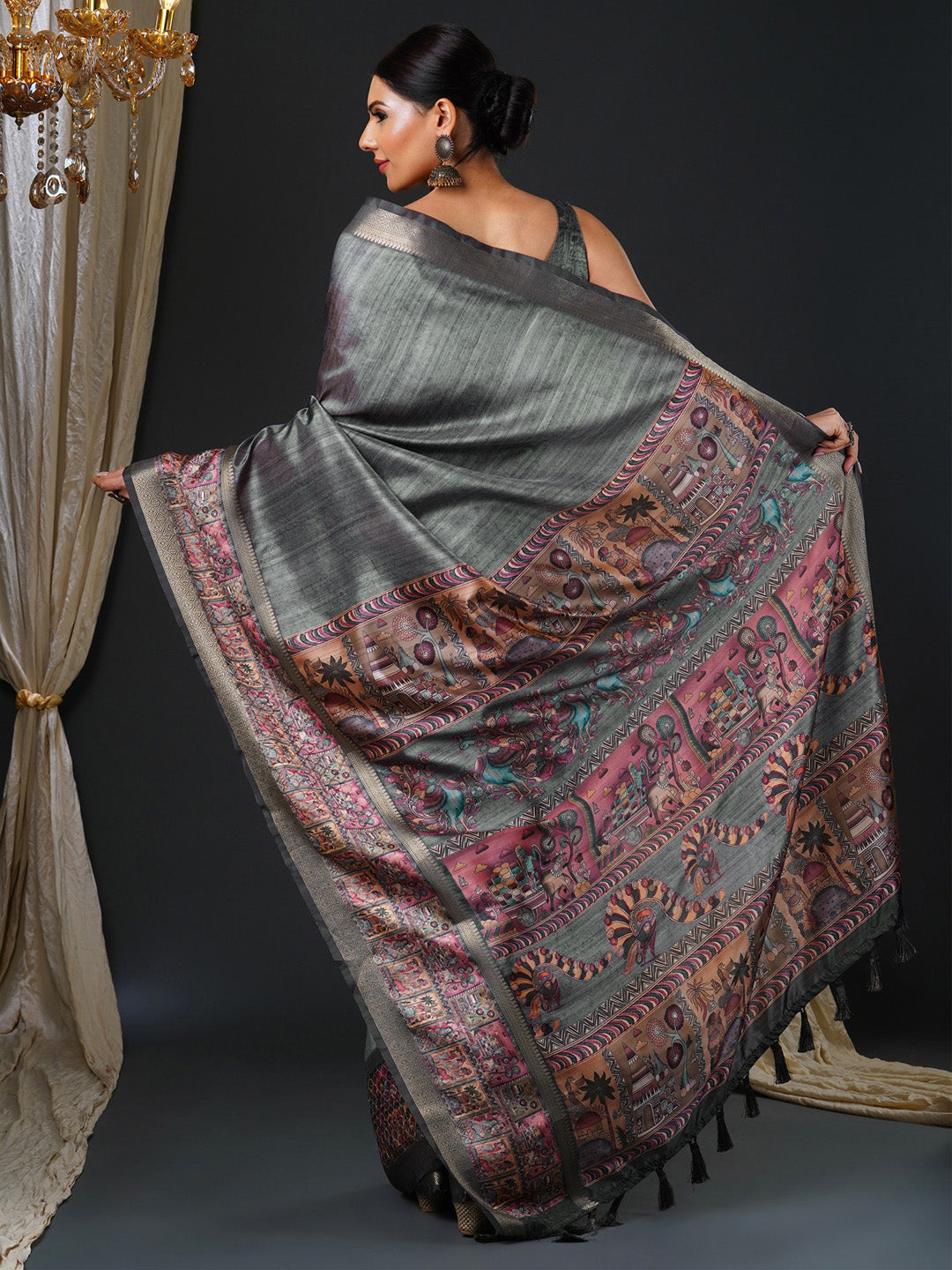 NOZ2TOZ Women's Mysore Silk Charcoal Grey Printed Designer Saree With Blouse Piece - Distacart