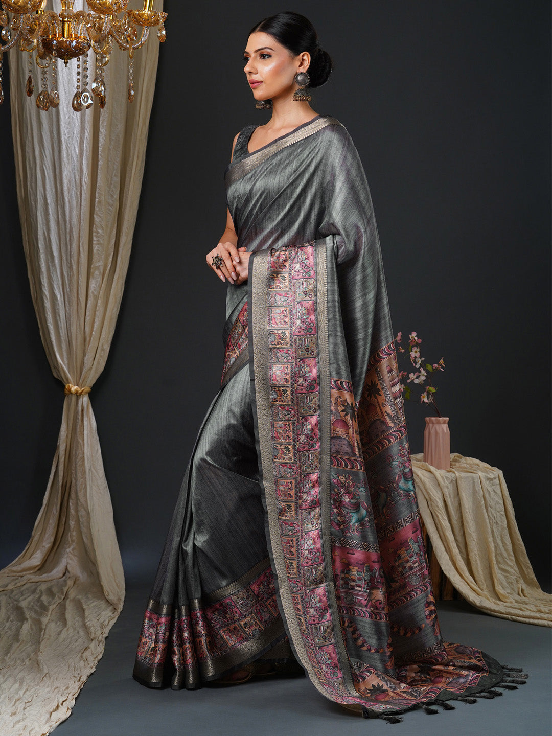 NOZ2TOZ Women's Mysore Silk Charcoal Grey Printed Designer Saree With Blouse Piece - Distacart