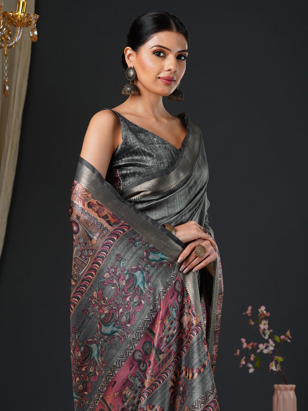 NOZ2TOZ Women's Mysore Silk Charcoal Grey Printed Designer Saree With Blouse Piece - Distacart