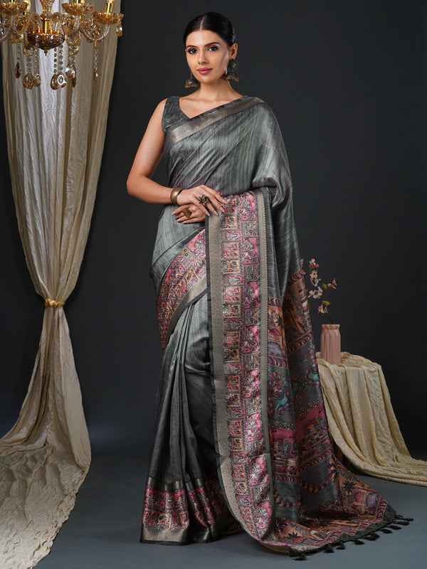 NOZ2TOZ Women's Mysore Silk Charcoal Grey Printed Designer Saree With Blouse Piece - Distacart
