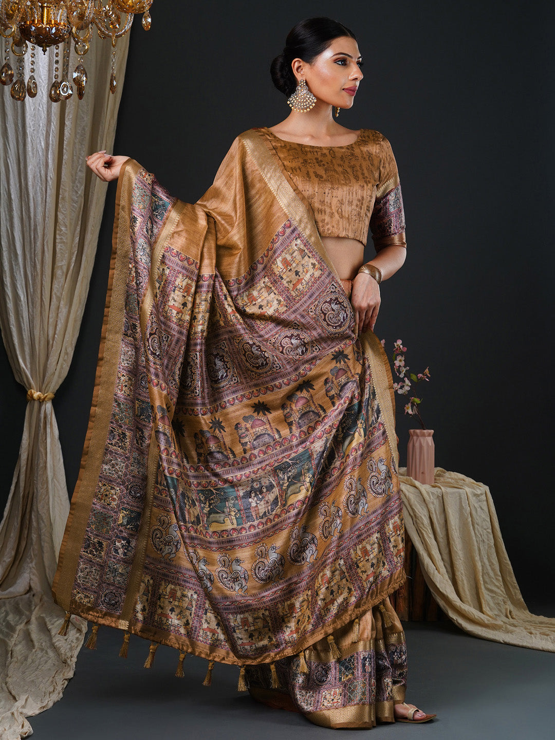 NOZ2TOZ Women's Mysore Silk Camel Brown Printed Designer Saree With Blouse Piece - Distacart