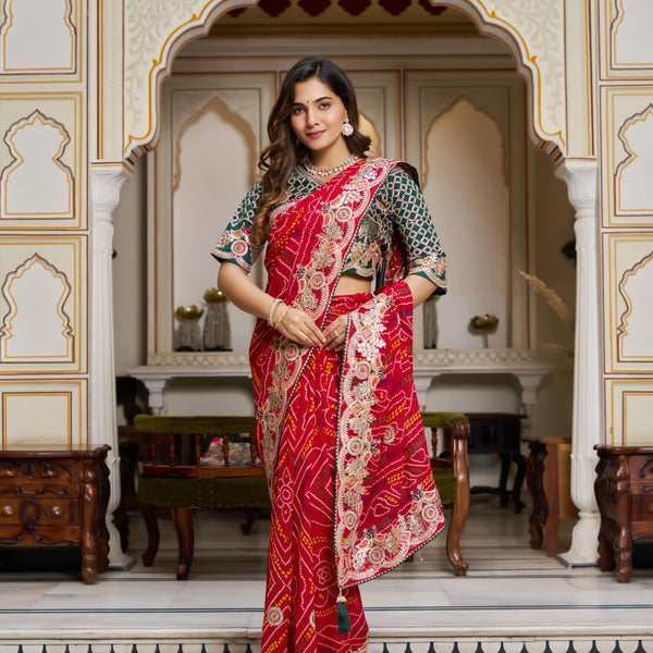 SDF New Festival bandhrej Red saree