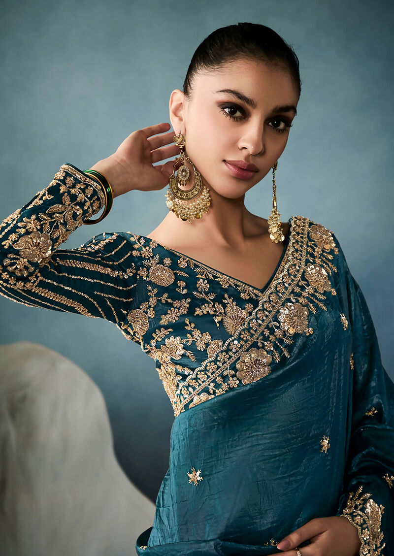 Monjolika Fashion Teal Tissue Embroidered Sequins And Zari Work Saree