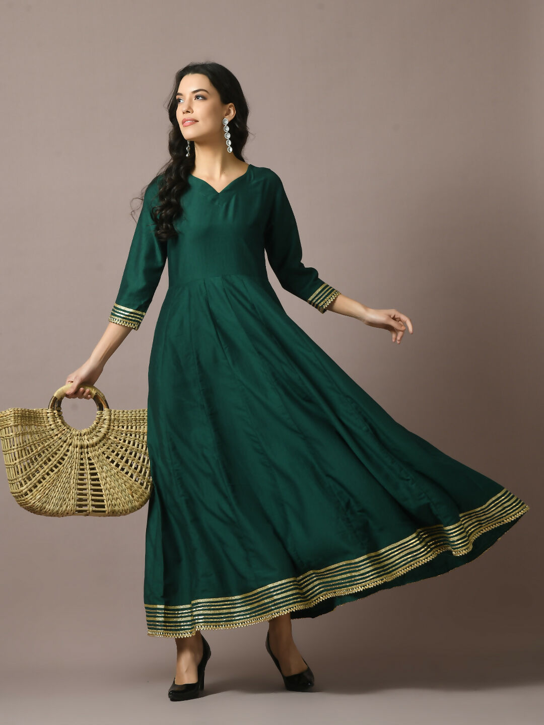 Myshka Women's Green Solid Silk Anarkali Party Kurta - Distacart